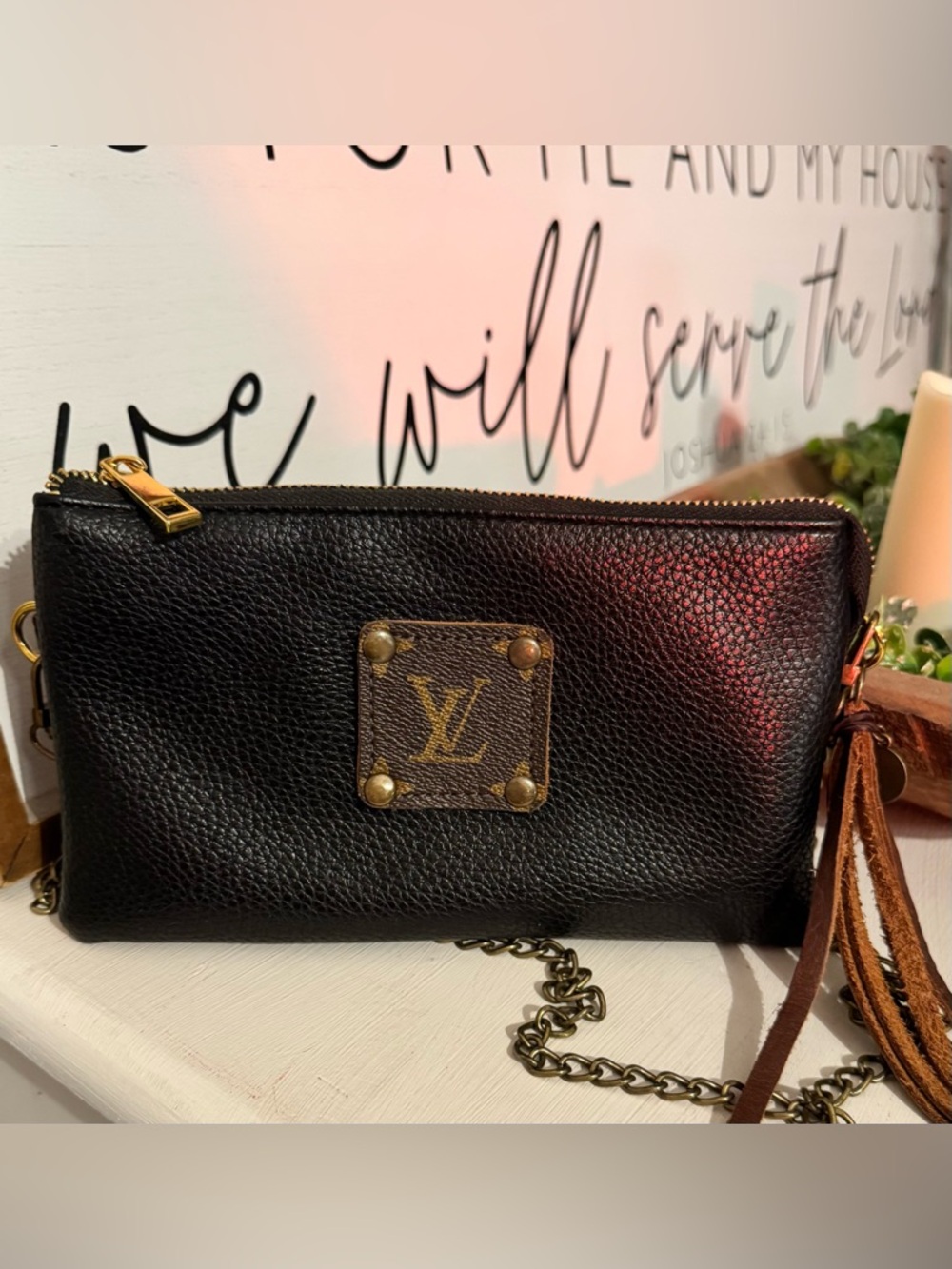 Up cycled!!!! Louis Vuitton Patch / Black Pebbled Leather Crossbody